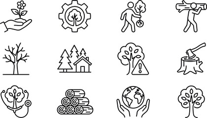 Obraz premium Professional Forestry Management and Environmental Conservation Vector Line Icon Set Featuring Lumberjack and Reforestation Symbols