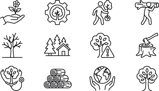 Professional Forestry Management and Environmental Conservation Vector Line Icon Set Featuring Lumberjack and Reforestation Symbols