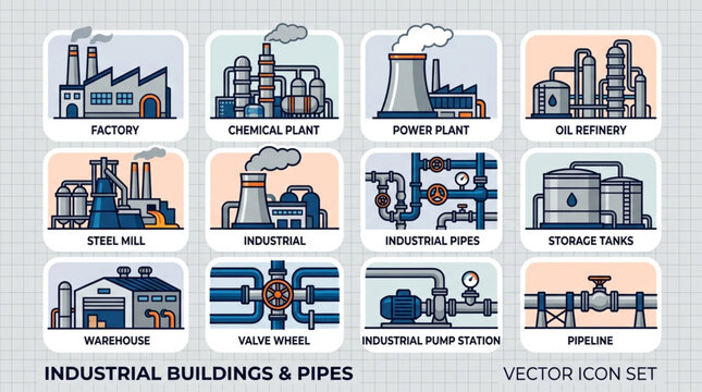 Industrial buildings and pipes icons set.