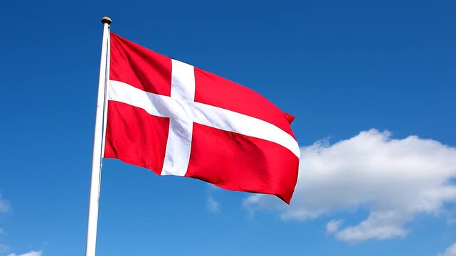 Danish flag (Dannebrog) waving on a flagpole against a clear blue sky with white clouds.