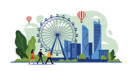 Naklejka premium Vibrant city amusement park scene with families walking towards a giant Ferris wheel and hot air balloons in the green park.