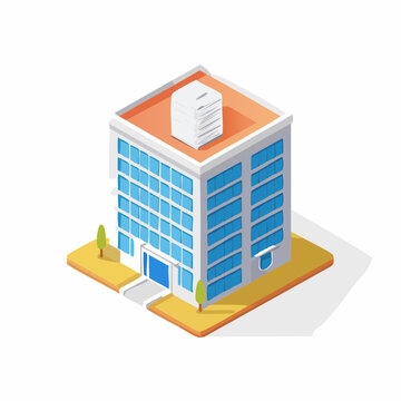 Isometric Office Building with Stack of Papers on Roof