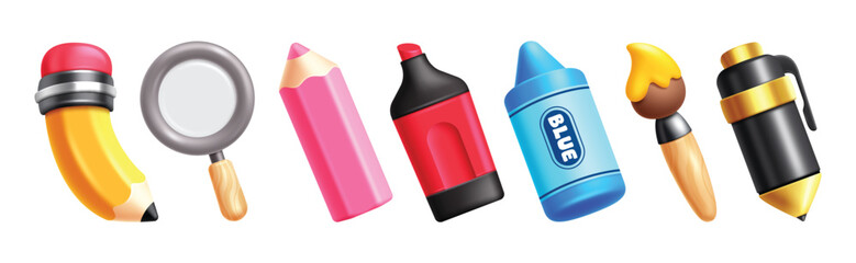 Set of 3D educational school and office supply elements clipart like pencil, magnifying glass, crayon, highlighter, paintbrush and pen for education and learning concept vector illustration.   © Grafiqwrk 2.0