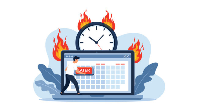 Man trying to push a LATER button on a laptop screen while surrounded by fire and a large clock representing extreme procrastination and stress.