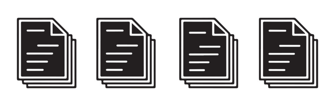 Set of file icon in solid style, document symbol, paper icon, files folder icon, outline border.