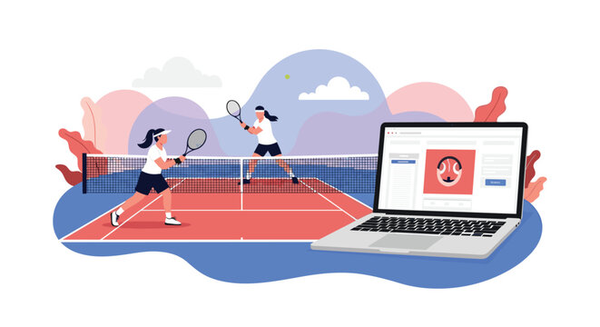 Online sports education concept featuring live tennis match on outdoor court next to laptop screen showing sports blog content.