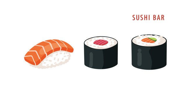 Assorted sushi and nigiri rolls including salmon and tuna presented for a sushi bar menu or Japanese cuisine advertisement.