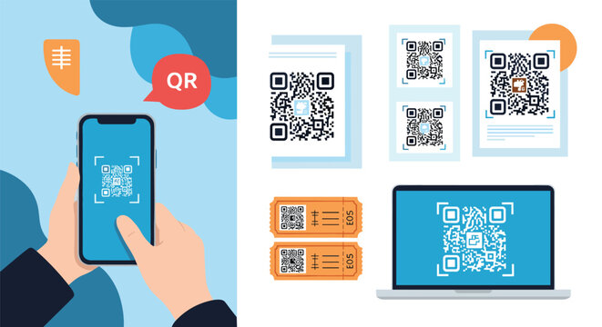 Various applications of QR codes on smartphone screen, tickets, and laptop for fast digital information access and payment.