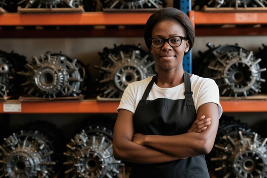 Smiling African American woman with glasses wears apron arms crossed in auto parts warehouse. She stands by shelves stacked with car engines and transmissions. Represents automotive industry workers.