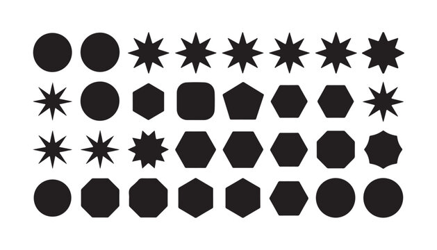 Set of basic geometric shapes vector icons, circles, stars, and polygons on transparent background.