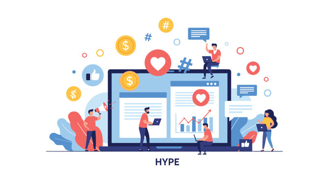 Social media marketing hype concept showing people interacting with viral content, likes, and shares on a large laptop screen.