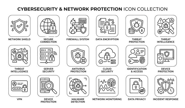 Network cyber security icons with firewall and secure connection vector illustrations