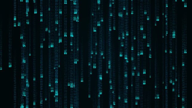 Code Rain Cyan Glyphs Stream Across Dark Matrix Background for Futuristic Tech Visuals and Motion Graphics