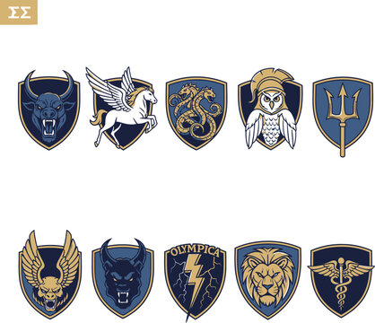Collection of shield crests and logos.