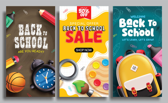 Back to school poster clipart set. School sale and welcome greeting clip art bundle with educational elements for poster, card, sale, invitation and flyer vector illustration. 

