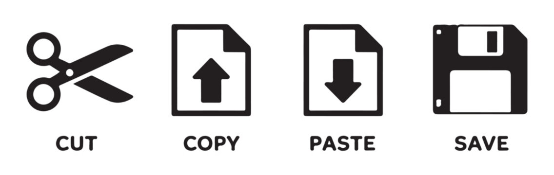Graphic editor toolbar symbols for cut copy paste and save operations with outlined document designs.