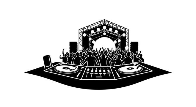DJ setup with turntables and mixer.