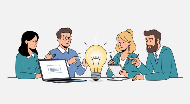 Four colleagues brainstorming business ideas together.