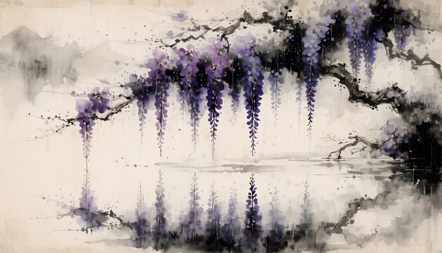 Wisteria vines hanging over still water traditional Chinese watercolor cascading violet blooms dissolving into pale ink wash