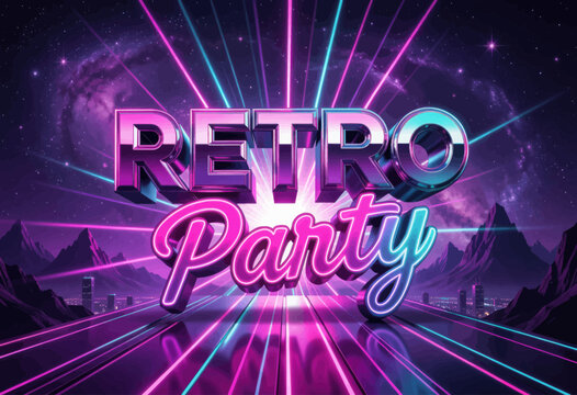 Neon Retro Party Typography Design with Vibrant Glowing Futuristic Atmosphere
