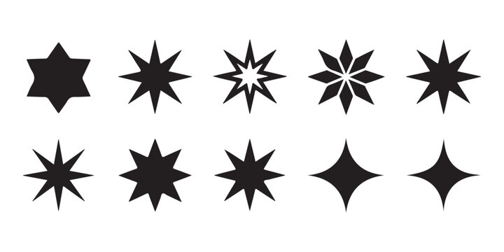 Classic star icons bundle including hexagonal shapes and elegant diamond point sparkle illustrations.