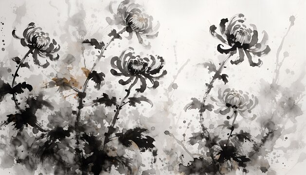 Wild chrysanthemums in morning fog traditional Chinese brush painting monochrome ink wash