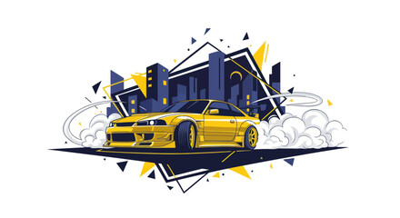 Yellow Sports Car Drifting with Abstract Cityscape Background © mus