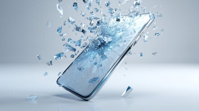 Broken Mobile Phone Explosion with Flying Glass Fragments Device Failure Concept