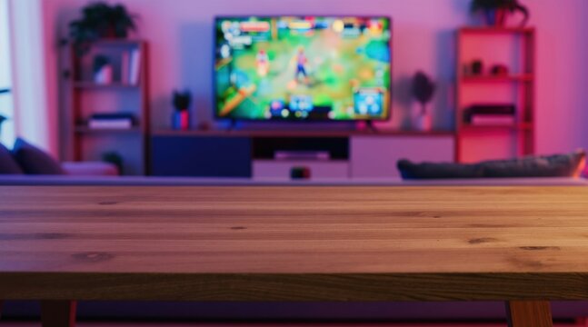 Close up wood table surface in modern room. Blurred background shows TV playing game with neon pink purple light. Empty room for product display.
