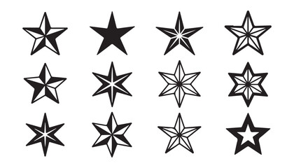 Obraz premium Set of black star shapes vector illustration, collection of various star icons on transparent background.