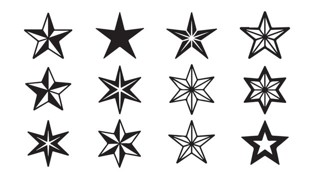 Set of black star shapes vector illustration, collection of various star icons on transparent background.