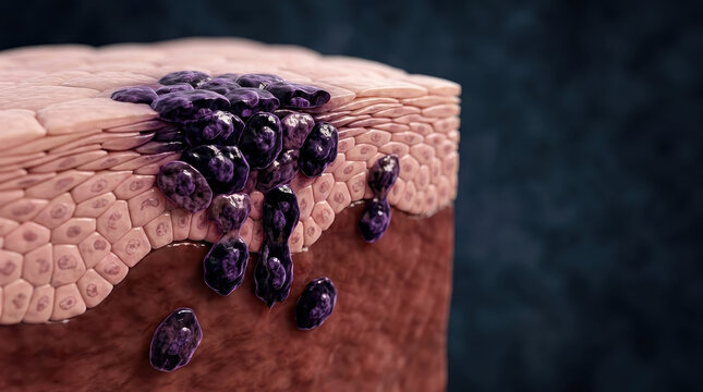 Cancer cell growth illustration shows abnormal cells multiplying and invading healthy tissue with dark purple clusters spreading through skin layers in medical concept