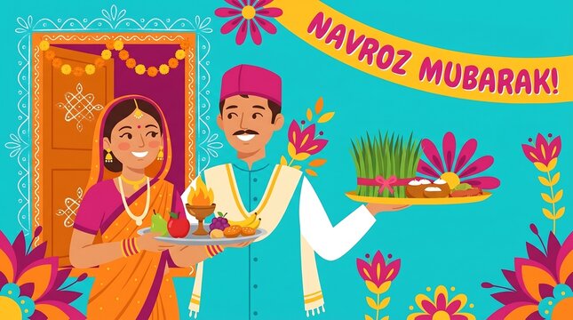 Navroz Mubarak Celebration with Traditional Persian Couple and Festive Decorations.