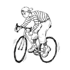 Naklejka premium Cyclist riding bicycle minimalist black and white illustration