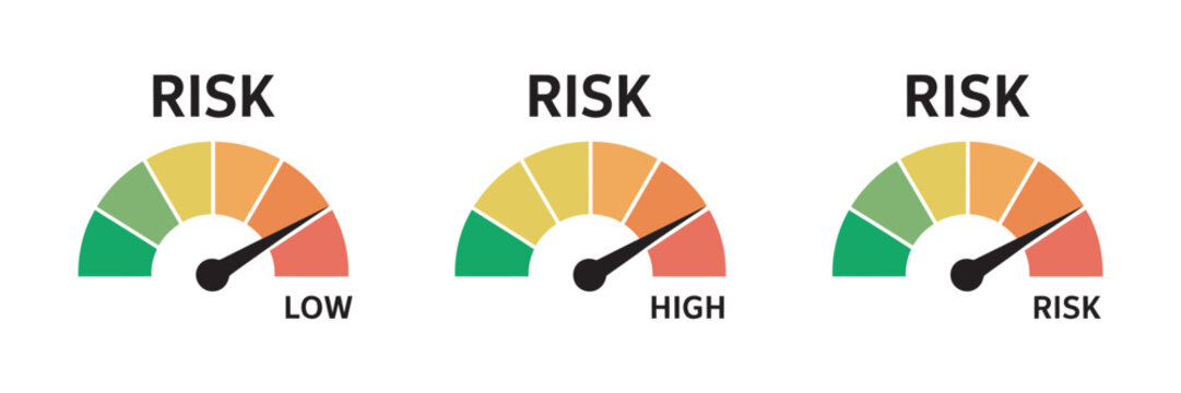 Risk Meter Icon Set Vector Illustration, Speedometer Gauge Design Showing Low Medium and High Risk Levels for Financial Analysis and Performance Measurement.