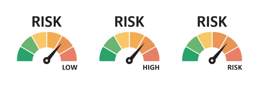 Risk Meter Icon Set Vector Illustration, Speedometer Gauge Design Showing Low Medium and High Risk Levels for Financial Analysis and Performance Measurement.