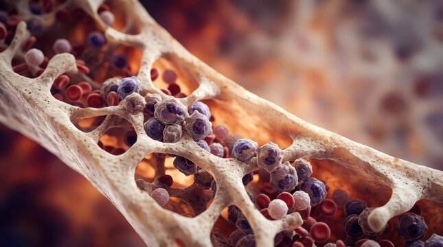 Cancer cell growth inside bone marrow showing abnormal cell proliferation and disease progression in detailed medical illustration with warm background