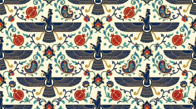 Persian Faravahar Symbol Pattern with Pomegranates and Paisley Motifs.