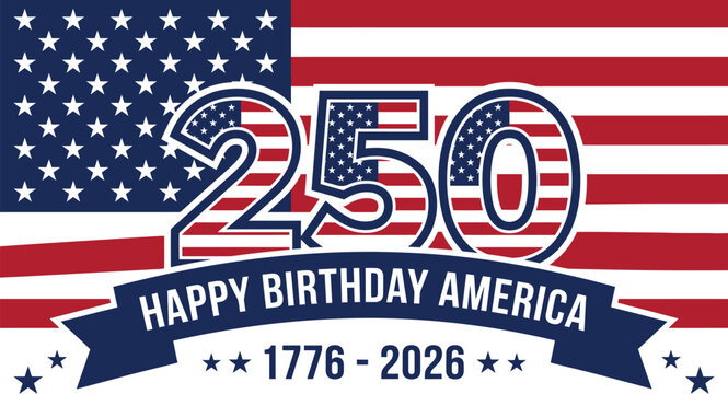 United States 250th anniversary celebration graphic with large numbers and flag pattern for patriotic events and national holiday design projects