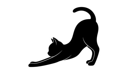 Cat silhouette stretches its body in a classic feline pose of relaxation and comfort on a white background. © Mezzy