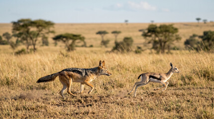 Naklejka premium The black-backed jackal (Lupulella mesomelas) hunting young gazelle in African savannah, South Africa. 