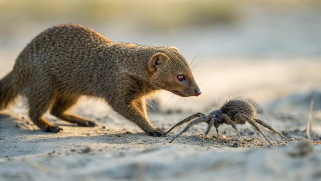 Common Dwarf Mongoose (Helogale parvula) hunting a baboon spider in African savanna, South Africa.
