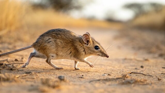 Close up of Elephant Mouse or elephant shrew or jumping mouse running in natural habitat, African savanna, Tanzania.
