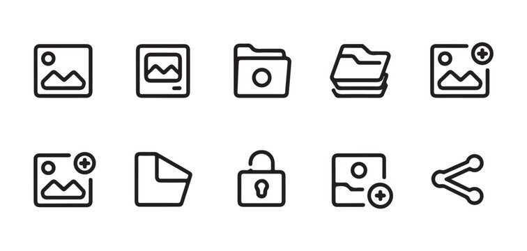 Icon collection showing image storage and management tools including folders locks and image upload.