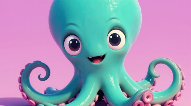 Cute cartoon octopus with big eyes and happy smile. Whimsical character in teal color on a pink background. Playful sea creature illustration for kids.