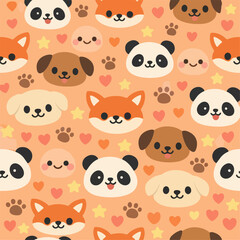 Fototapeta premium Minimalist Kawaii Pet and Wildlife Pattern Featuring Cute Animal Faces