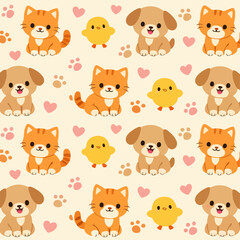 Fototapeta premium Cute Pet and Farm Animal Seamless Vector Background in Flat Style