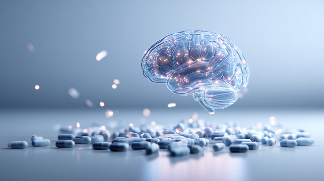 Human Brain Floating Above Pills Representing Medical Innovation Concept