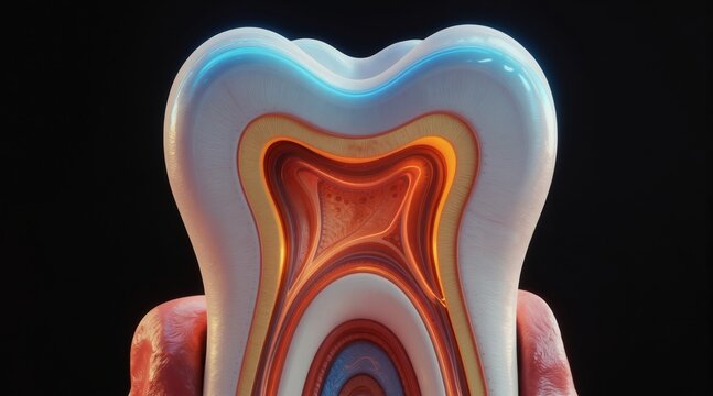 Cross section of a human tooth showing internal layers enamel dentin pulp. Glowing neon lights highlight anatomical structure for dental education and science presentation.