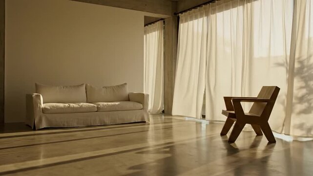 Minimalist interior with sunlight and furniture